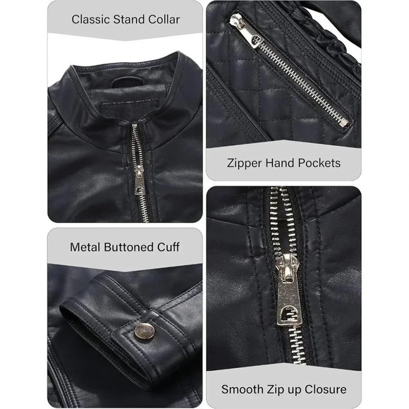 Women Black Faux Leather Casual Jacket Moto Biker Short Coat - Picture 7 of 9